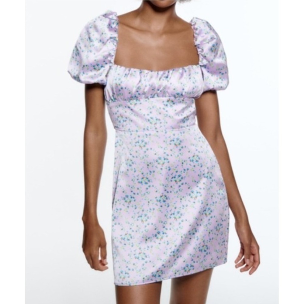 Zara Babydoll Milkmaid Mini Dress‎ M Purple Floral Y2K Fairy Coquette Cottage